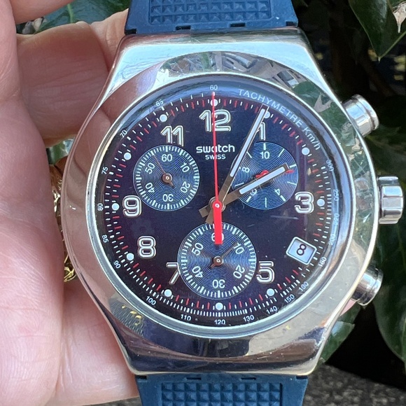 SWATCH SWISS WATCH QUARTZ CHRONOGRAPH 44MM STAINLESS STEEL COBALT BLUE FACE MINT